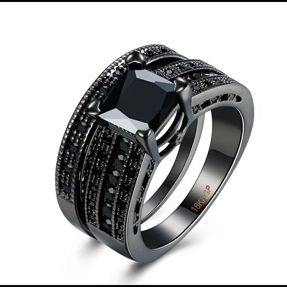 Black Grey CZ Diamond Engagement Bridal Wedding Band - Picture 4 of 8